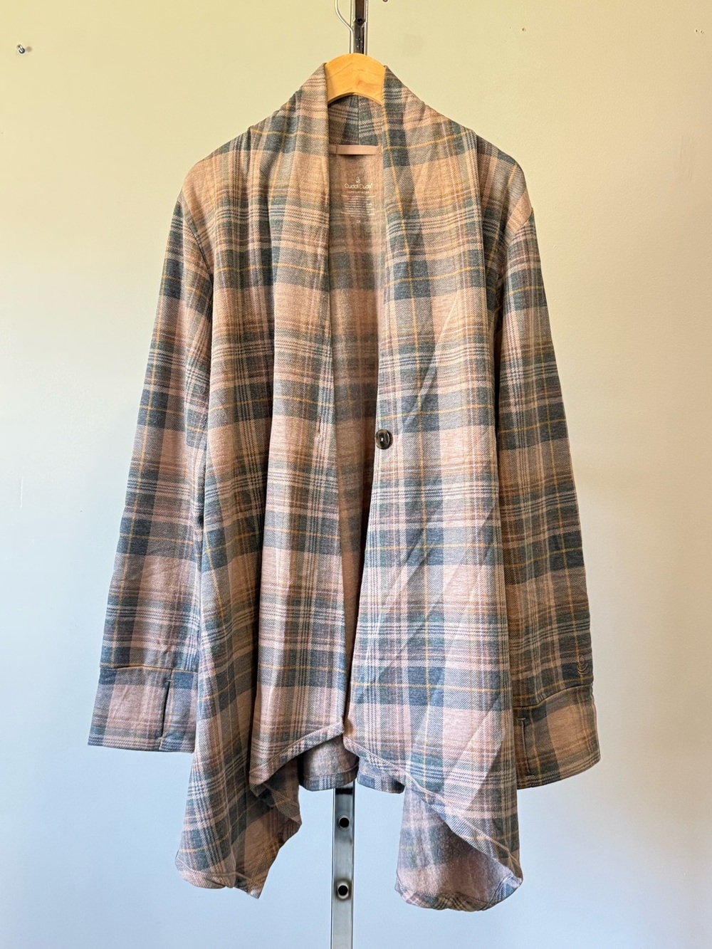 Cuddl Duds Comfortwear Peacock Green Plaid Shawl Collar Wrap Cardigan 1X